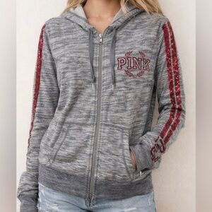 ❤️🩶PINK Heather grey Zip up hoodie rare with Red Logo By Victoria’s Secret